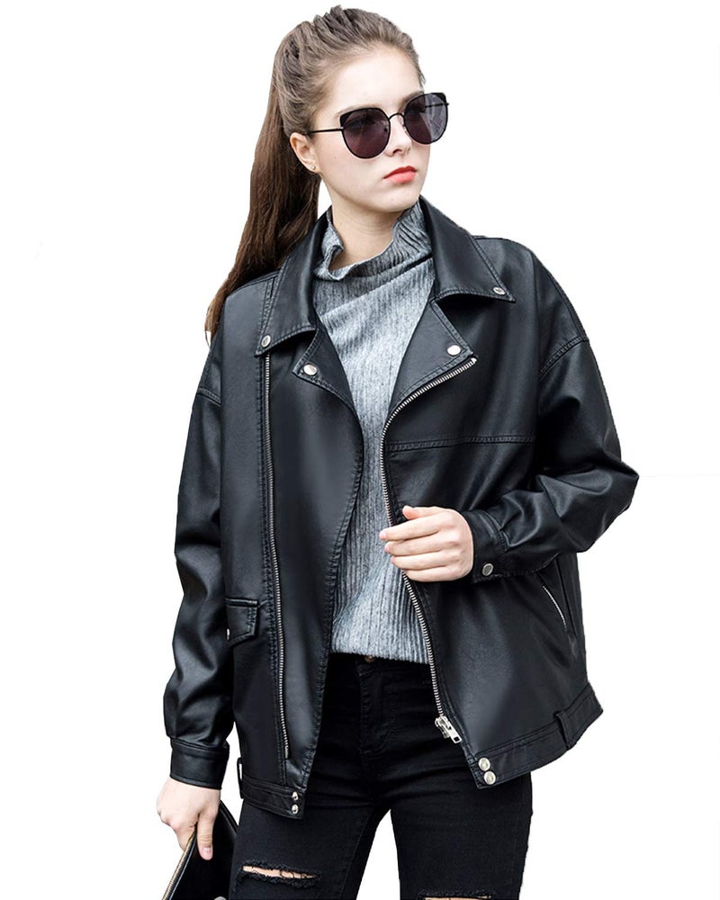 LY VAREY LIN Women Faux Leather Jacket Lapel Collar Motorcycle Zip Up Motor Biker Short Coat Jacket(Black, S) - Image 1